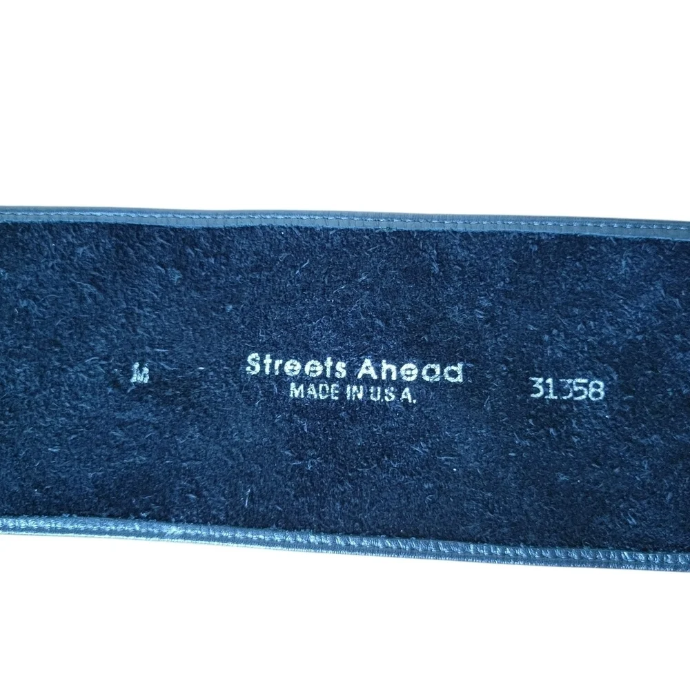 Vintage Streets Ahead Black Leather Heavy Buckle Wide Belt